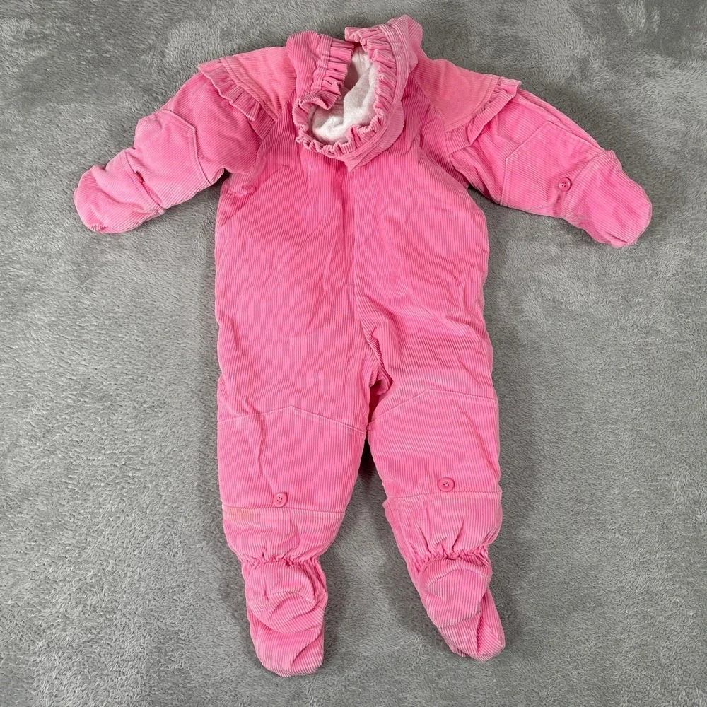 OshKosh Corduroy Snowsuit Baby 12M Pink Floral Hooded Bunting Vintage‎ 90s